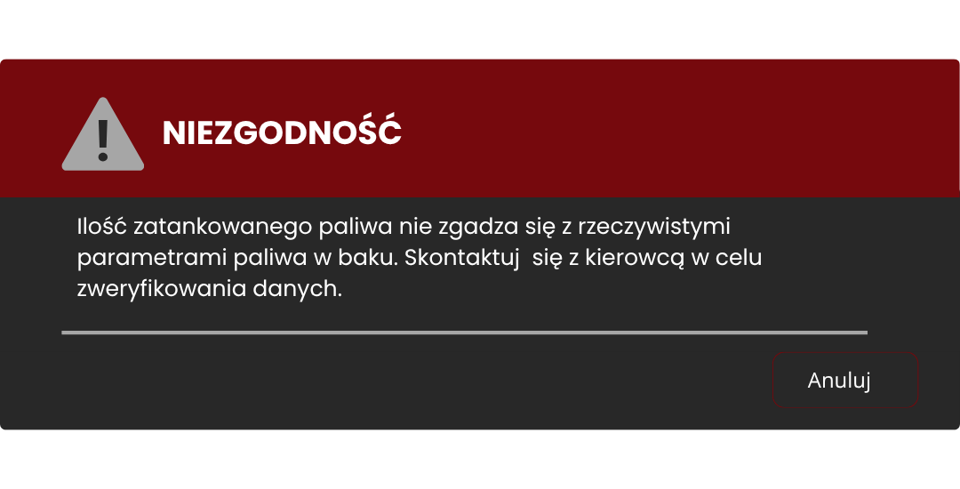 Ekran systemu z ostrzeżeniem o niezgodności ilości zatankowanego paliwa względem danych z pojazdu.