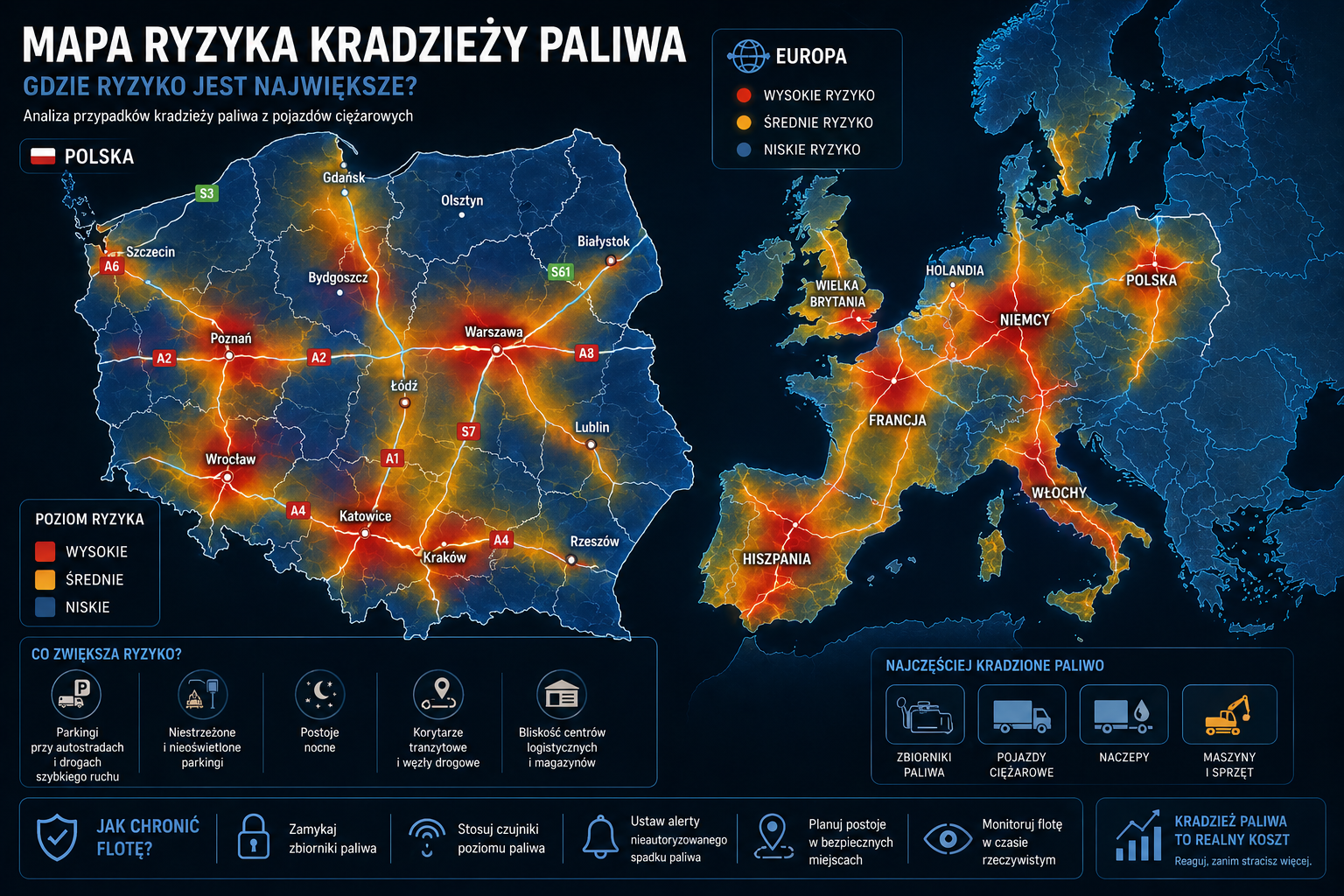 Mapa Europy i Polski przedstawiająca poziomy ryzyka kradzieży paliwa na parkingach, oznaczone kolorami od niskiego do wysokiego.