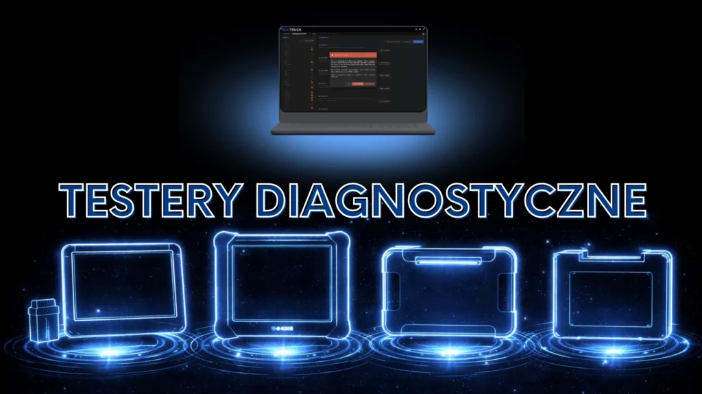 Neonowa grafika przedstawiająca różne testery diagnostyczne ciężarowe oraz system ecoTRUCK na laptopie, symbolizująca porównanie klasycznych urządzeń i zdalnej diagnostyki