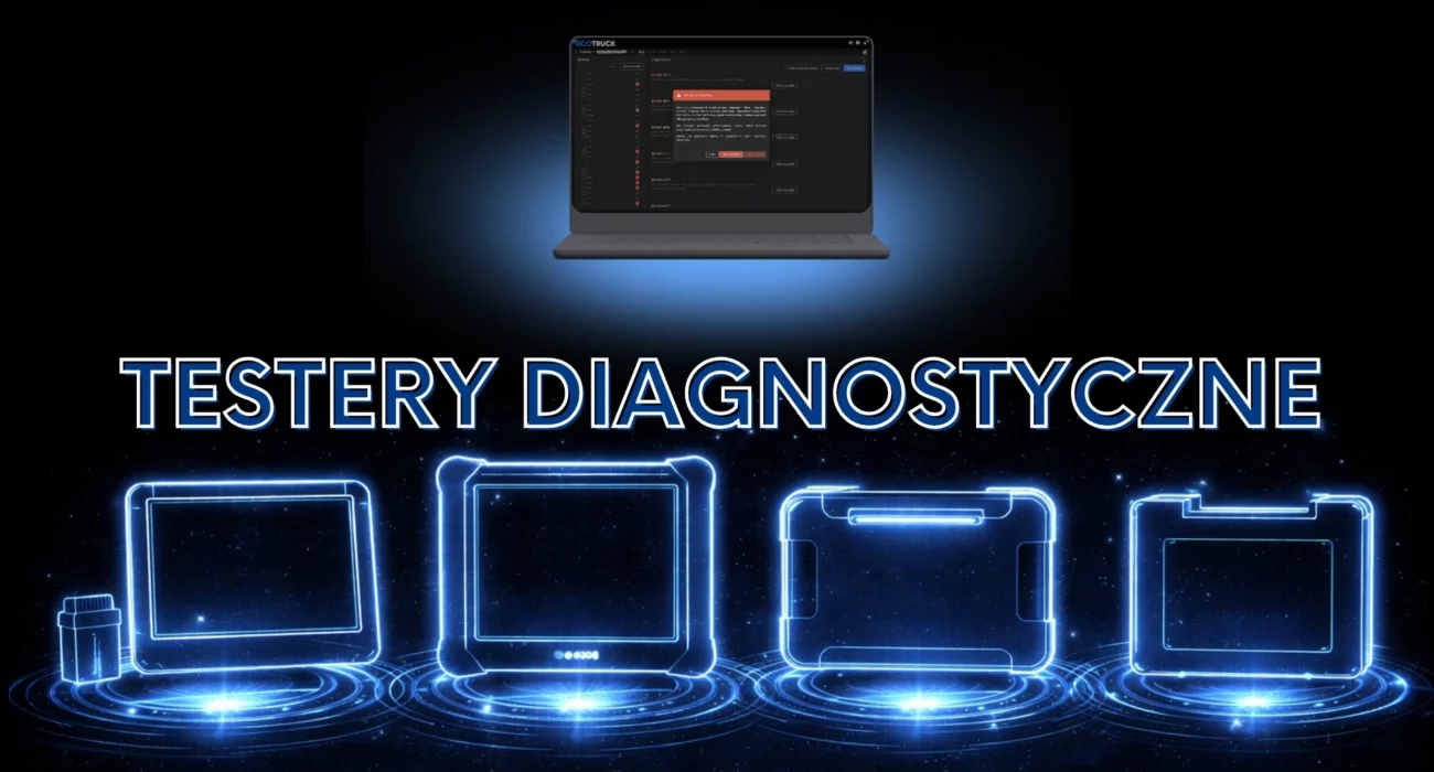 Neonowa grafika przedstawiająca różne testery diagnostyczne ciężarowe oraz system ecoTRUCK na laptopie, symbolizująca porównanie klasycznych urządzeń i zdalnej diagnostyki