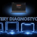 Neonowa grafika przedstawiająca różne testery diagnostyczne ciężarowe oraz system ecoTRUCK na laptopie, symbolizująca porównanie klasycznych urządzeń i zdalnej diagnostyki