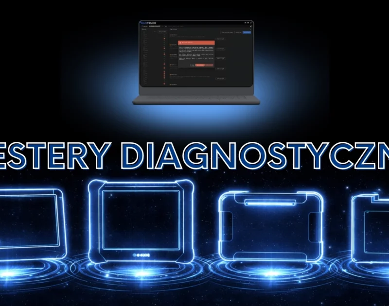 Neonowa grafika przedstawiająca różne testery diagnostyczne ciężarowe oraz system ecoTRUCK na laptopie, symbolizująca porównanie klasycznych urządzeń i zdalnej diagnostyki