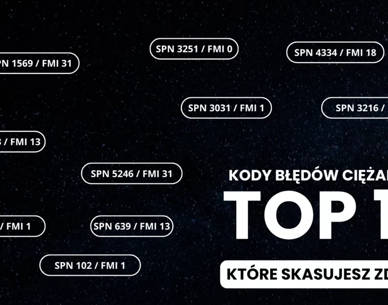 Grafika przedstawiająca listę najczęstszych kodów błędów ciężarówek (m.in. P0401, P0420, SPN 5246) oraz informację o możliwości ich zdalnego kasowania.