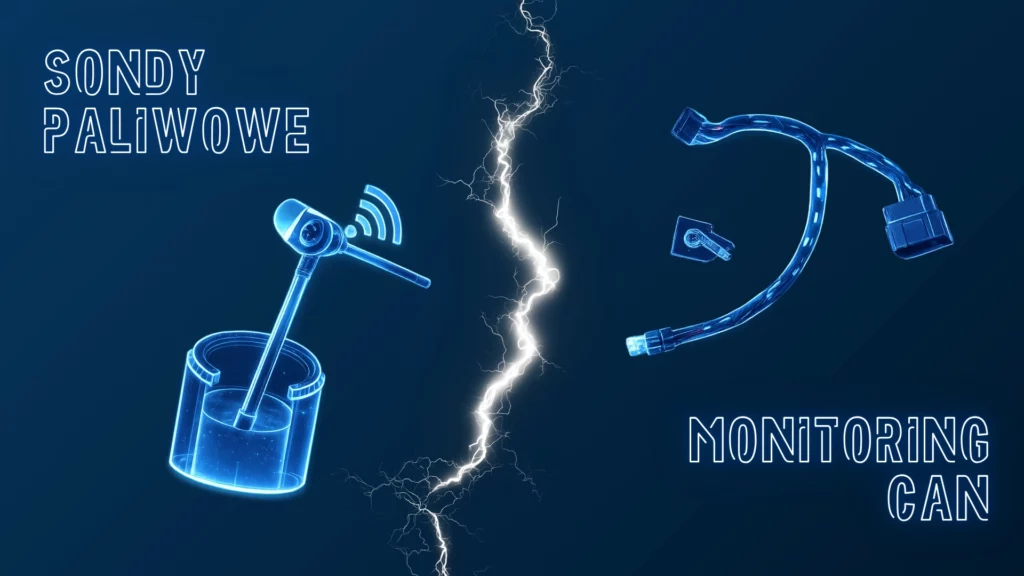 Grafika porównawcza przedstawiająca sondę paliwową zamontowaną w zbiorniku oraz przewody systemu CAN, rozdzielone efektem błyskawicy, symbolizująca różnice między monitoringiem paliwa a odczytem danych z magistrali CAN.