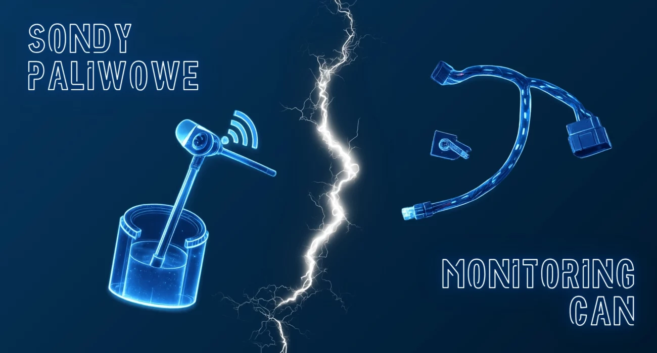 Grafika porównawcza przedstawiająca sondę paliwową zamontowaną w zbiorniku oraz przewody systemu CAN, rozdzielone efektem błyskawicy, symbolizująca różnice między monitoringiem paliwa a odczytem danych z magistrali CAN.