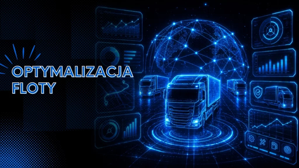 Futurystyczna wizualizacja floty ciężarówek w formie hologramu z danymi, trasami i analizą w czasie rzeczywistym