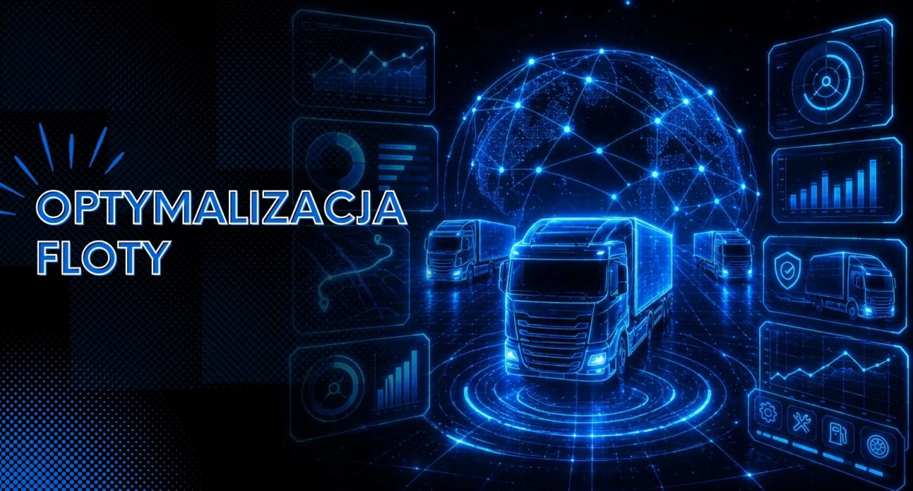 Futurystyczna wizualizacja floty ciężarówek w formie hologramu z danymi, trasami i analizą w czasie rzeczywistym