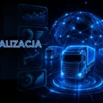 Futurystyczna wizualizacja floty ciężarówek w formie hologramu z danymi, trasami i analizą w czasie rzeczywistym
