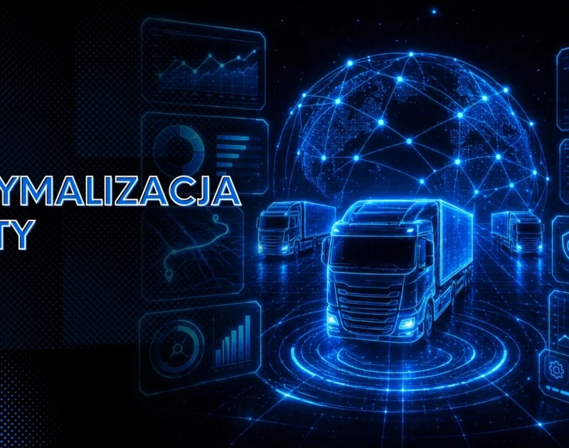 Futurystyczna wizualizacja floty ciężarówek w formie hologramu z danymi, trasami i analizą w czasie rzeczywistym