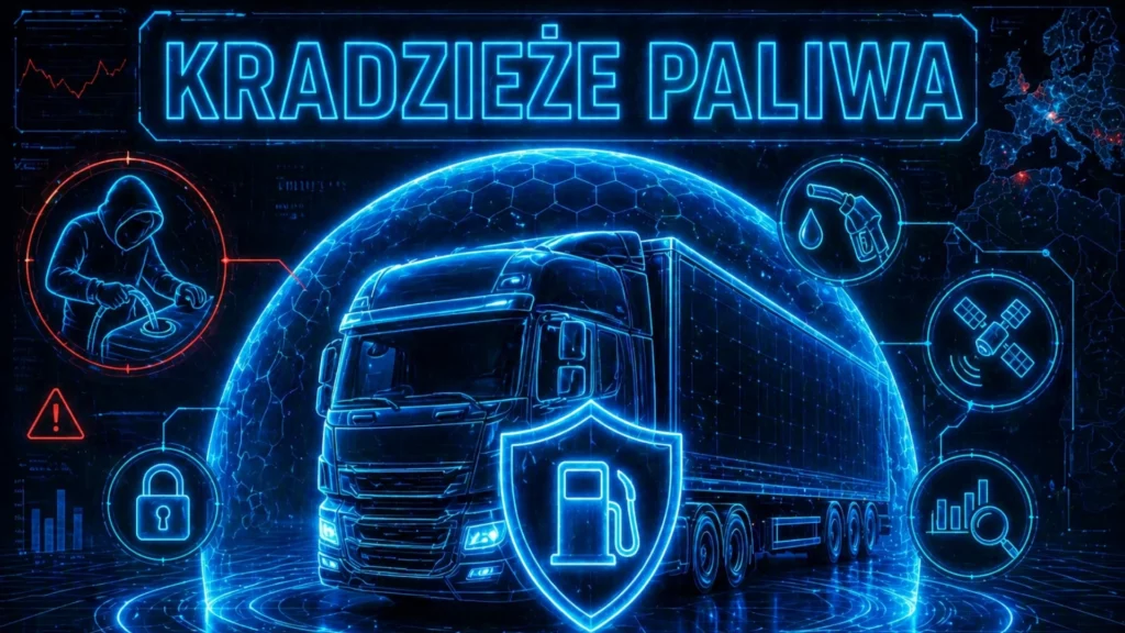 Futurystyczna grafika neonowa przedstawiająca ciężarówkę otoczoną holograficzną tarczą ochronną, z ikonami systemów monitoringu i paliwa oraz tytułem „Kradzieże paliwa”.