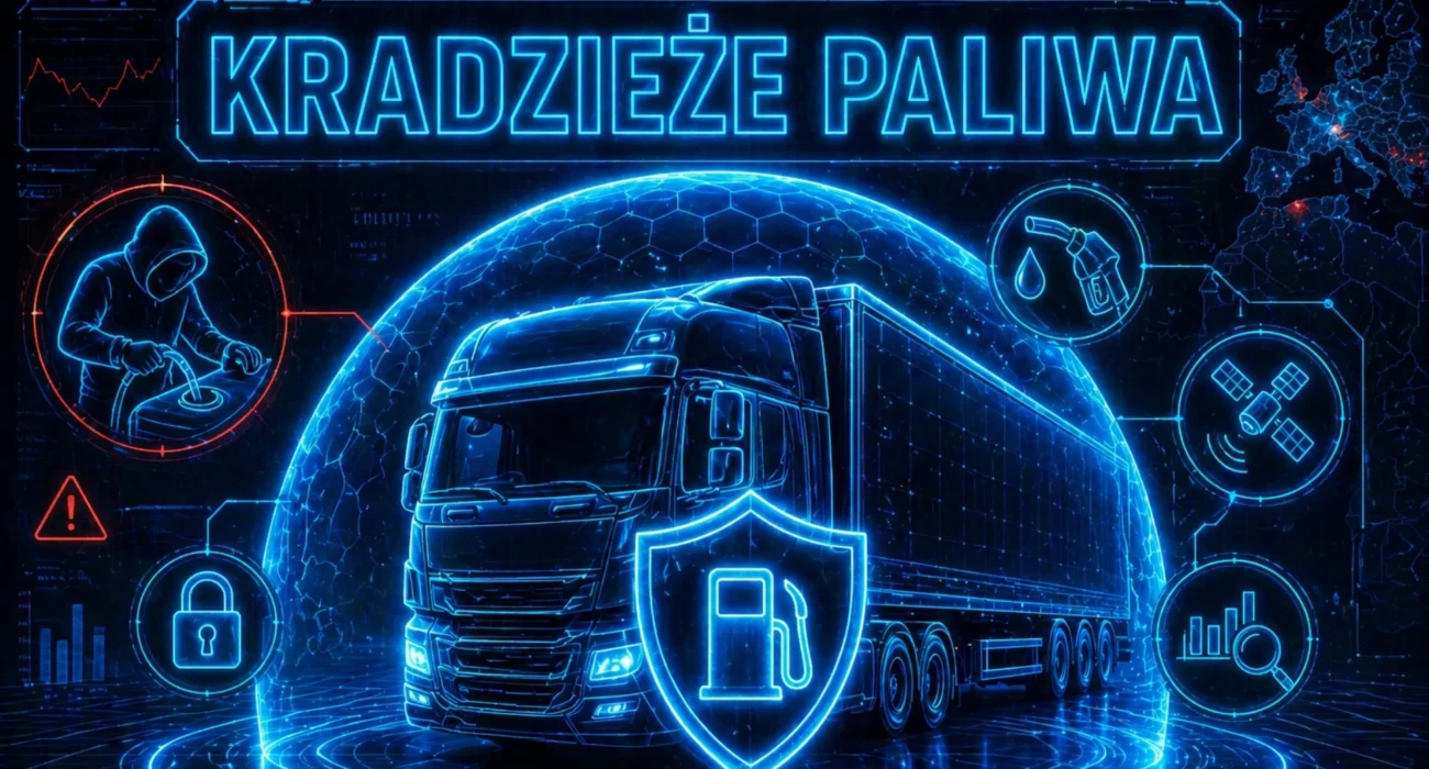 Futurystyczna grafika neonowa przedstawiająca ciężarówkę otoczoną holograficzną tarczą ochronną, z ikonami systemów monitoringu i paliwa oraz tytułem „Kradzieże paliwa”.