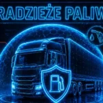 Futurystyczna grafika neonowa przedstawiająca ciężarówkę otoczoną holograficzną tarczą ochronną, z ikonami systemów monitoringu i paliwa oraz tytułem „Kradzieże paliwa”.