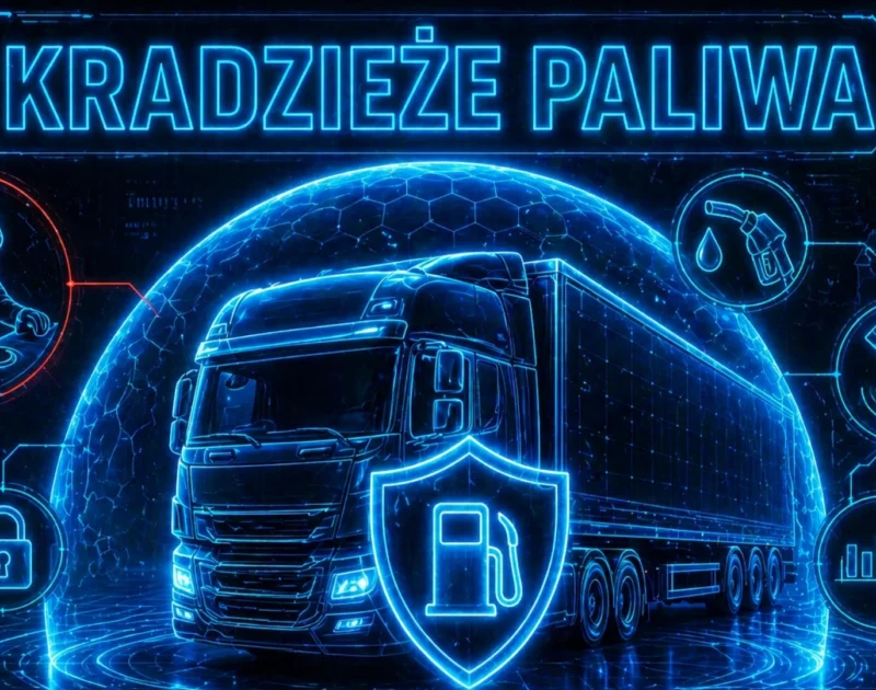 Futurystyczna grafika neonowa przedstawiająca ciężarówkę otoczoną holograficzną tarczą ochronną, z ikonami systemów monitoringu i paliwa oraz tytułem „Kradzieże paliwa”.