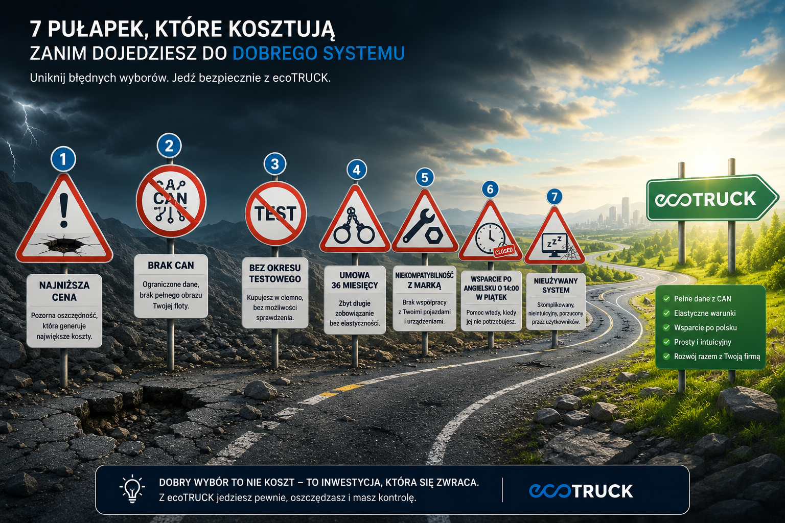 Infografika przedstawiająca drogę z siedmioma znakami ostrzegawczymi symbolizującymi typowe błędy przy wyborze systemu telematycznego: najniższa cena, brak CAN, brak okresu testowego, długie umowy, niekompatybilność, słabe wsparcie i nieużywany system. Na końcu drogi widoczny drogowskaz ecoTRUCK prowadzący do bezpiecznego rozwiązania.