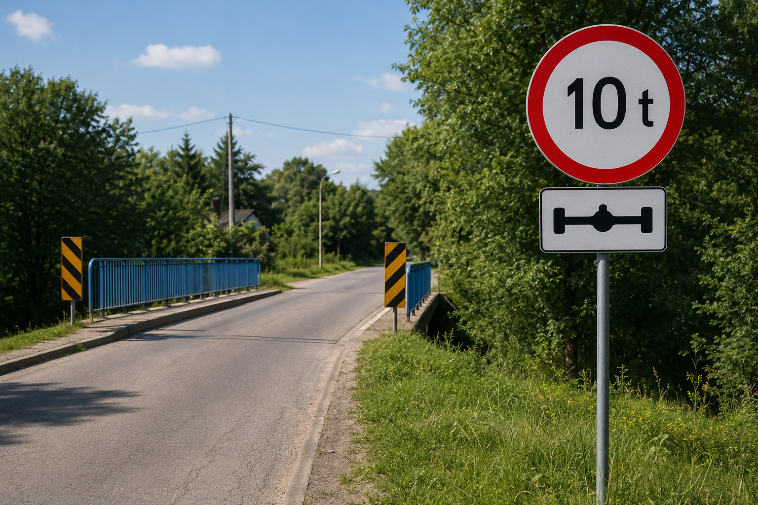 Znak drogowy B-18 z limitem 10 ton ustawiony przy lokalnej drodze i moście, informujący o ograniczeniu wjazdu dla ciężkich pojazdów.