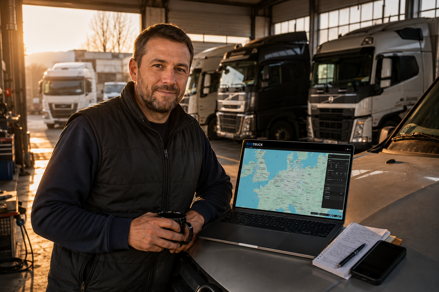 Właściciel małej firmy transportowej stoi w warsztacie obok ciężarówek i korzysta z laptopa z otwartą mapą ecoTRUCK. Naturalne światło poranka podkreśla profesjonalną i nowoczesną atmosferę zarządzania flotą.