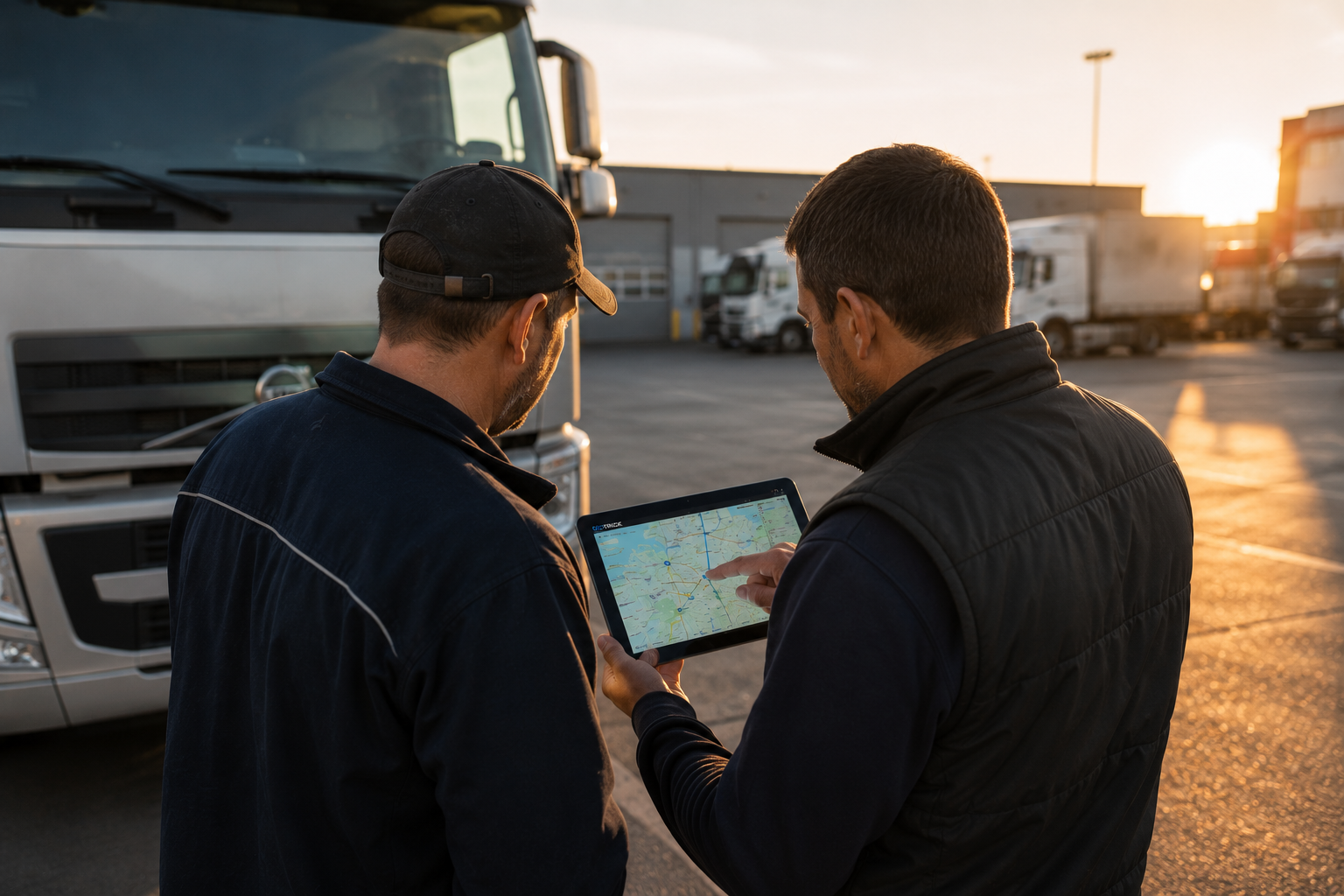 Dwóch pracowników firmy transportowej stoi przy ciężarówce o zachodzie słońca i wspólnie analizuje mapę trasy na tablecie. Zdjęcie wykonane od tyłu podkreśla partnerską atmosferę współpracy i codzienne zarządzanie flotą.