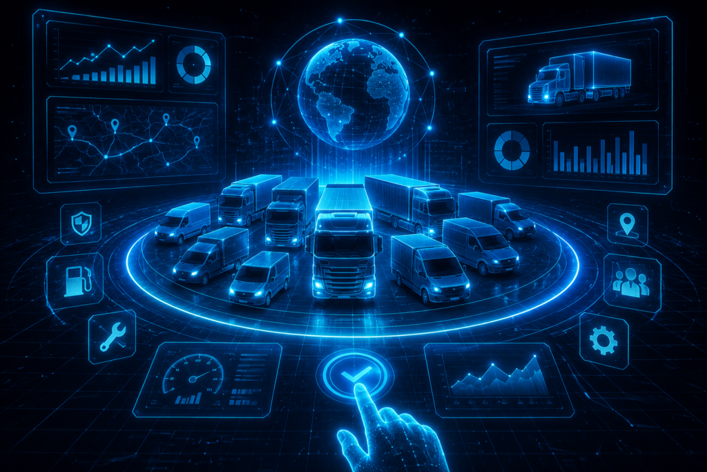Futurystyczny interfejs holograficzny przedstawiający system zarządzania flotą pojazdów. Na ciemnym tle z cyfrową siatką widoczne są świecące na niebiesko ciężarówki i busy otoczone panelami HUD z mapami, wykresami, lokalizacją GPS, analizą danych oraz ikonami związanymi z transportem i logistyką. Centralnym elementem jest cyfrowy pulpit sterowania w stylistyce cyber sci-fi z efektem neon glow i przestrzenią danych 3D.