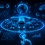 Futurystyczny interfejs holograficzny przedstawiający system zarządzania flotą pojazdów. Na ciemnym tle z cyfrową siatką widoczne są świecące na niebiesko ciężarówki i busy otoczone panelami HUD z mapami, wykresami, lokalizacją GPS, analizą danych oraz ikonami związanymi z transportem i logistyką. Centralnym elementem jest cyfrowy pulpit sterowania w stylistyce cyber sci-fi z efektem neon glow i przestrzenią danych 3D.
