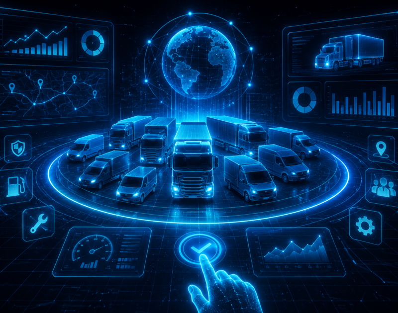 Futurystyczny interfejs holograficzny przedstawiający system zarządzania flotą pojazdów. Na ciemnym tle z cyfrową siatką widoczne są świecące na niebiesko ciężarówki i busy otoczone panelami HUD z mapami, wykresami, lokalizacją GPS, analizą danych oraz ikonami związanymi z transportem i logistyką. Centralnym elementem jest cyfrowy pulpit sterowania w stylistyce cyber sci-fi z efektem neon glow i przestrzenią danych 3D.