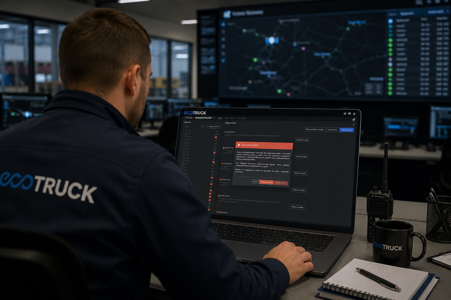 Dyspozytor pracujący w nowoczesnym centrum logistycznym monitoruje stan pojazdów za pomocą platformy ecoTRUCK. Na ekranie laptopa widoczny jest panel diagnostyczny z listą błędów i modułów pojazdu, a w tle znajdują się ekrany prezentujące dane flotowe i mapy operacyjne.