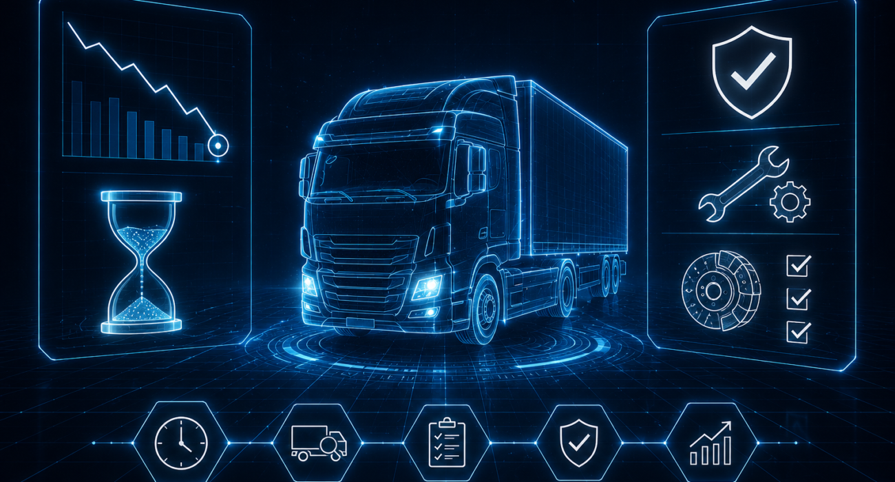 Futurystyczna grafika w stylu cyber-tech przedstawiająca neonową ciężarówkę w kolorach electric blue i bieli na tle cyfrowej siatki danych. Wokół pojazdu widoczne są minimalistyczne holograficzne elementy HUD symbolizujące czas, koszty przestoju, diagnostykę techniczną, bezpieczeństwo oraz planowanie serwisu. Kompozycja utrzymana jest w estetyce nowoczesnego centrum monitoringu floty, z efektem subtelnego świecenia i przestrzennej głębi. Bez napisów.