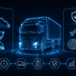 Futurystyczna grafika w stylu cyber-tech przedstawiająca neonową ciężarówkę w kolorach electric blue i bieli na tle cyfrowej siatki danych. Wokół pojazdu widoczne są minimalistyczne holograficzne elementy HUD symbolizujące czas, koszty przestoju, diagnostykę techniczną, bezpieczeństwo oraz planowanie serwisu. Kompozycja utrzymana jest w estetyce nowoczesnego centrum monitoringu floty, z efektem subtelnego świecenia i przestrzennej głębi. Bez napisów.