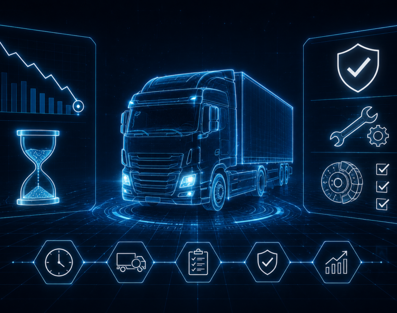 Futurystyczna grafika w stylu cyber-tech przedstawiająca neonową ciężarówkę w kolorach electric blue i bieli na tle cyfrowej siatki danych. Wokół pojazdu widoczne są minimalistyczne holograficzne elementy HUD symbolizujące czas, koszty przestoju, diagnostykę techniczną, bezpieczeństwo oraz planowanie serwisu. Kompozycja utrzymana jest w estetyce nowoczesnego centrum monitoringu floty, z efektem subtelnego świecenia i przestrzennej głębi. Bez napisów.