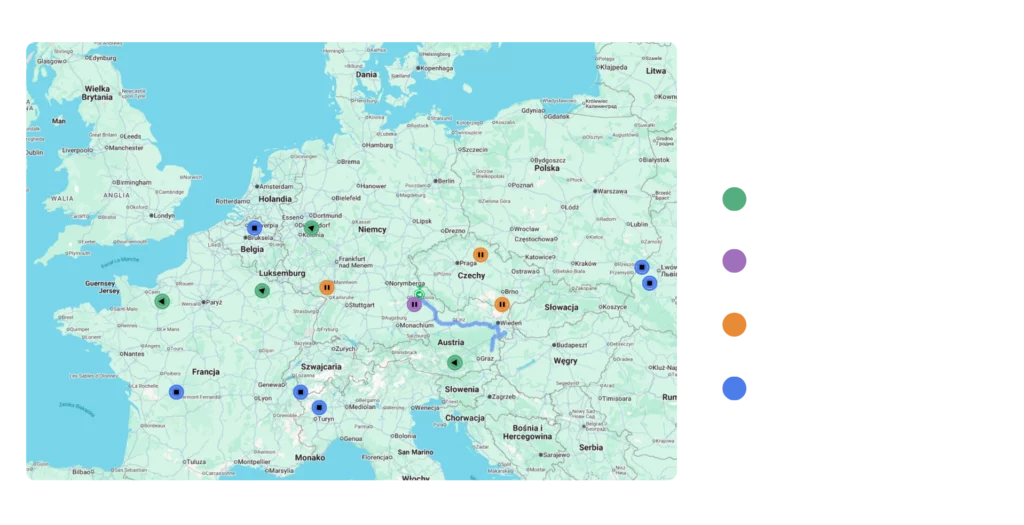 Interaktywna mapa z systemem GPS do ciężarówek, prezentująca śledzenie pojazdów i monitoring floty w czasie rzeczywistym – ecoTRUCK.