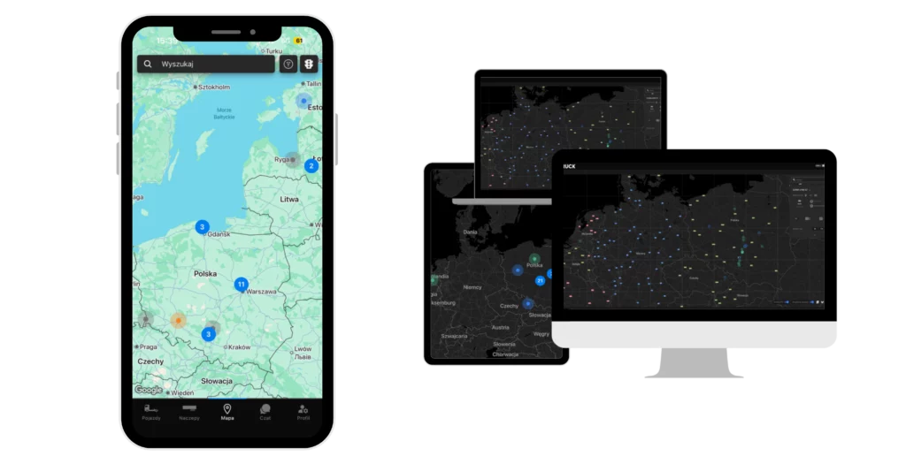 Widok mapy w aplikacji ecoTRUCK przedstawiający lokalizacje pojazdów w Europie, dostępny zarówno na smartfonie, jak i komputerze stacjonarnym.