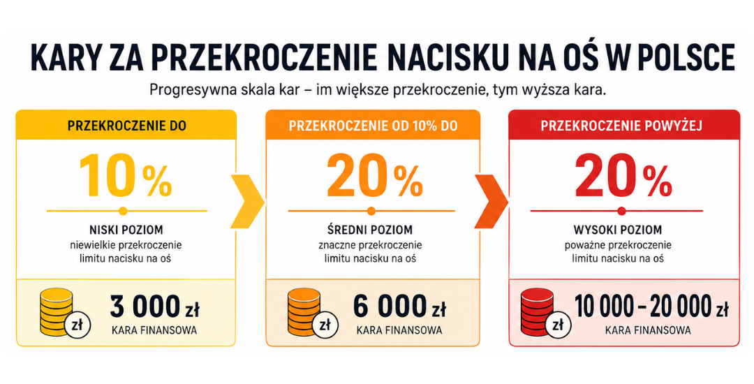 Tabela pokazująca trzy poziomy przekroczenia normy nacisku na oś oraz odpowiadające im kary: 3000 zł, 6000 zł i 10 000–20 000 zł.