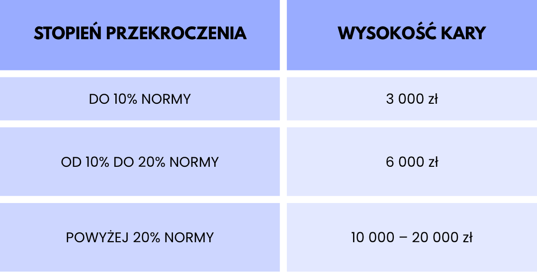 Infografika przedstawiająca progi przekroczenia nacisku na oś w Polsce oraz orientacyjne kary 3000 zł, 6000 zł i 10 000–20 000 zł.