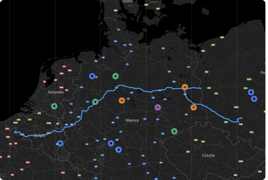Mapa trasy ciężarówki prowadzącej przez Holandię, Niemcy i Polskę z oznaczeniami punktów na trasie oraz możliwych ograniczeń drogowych.