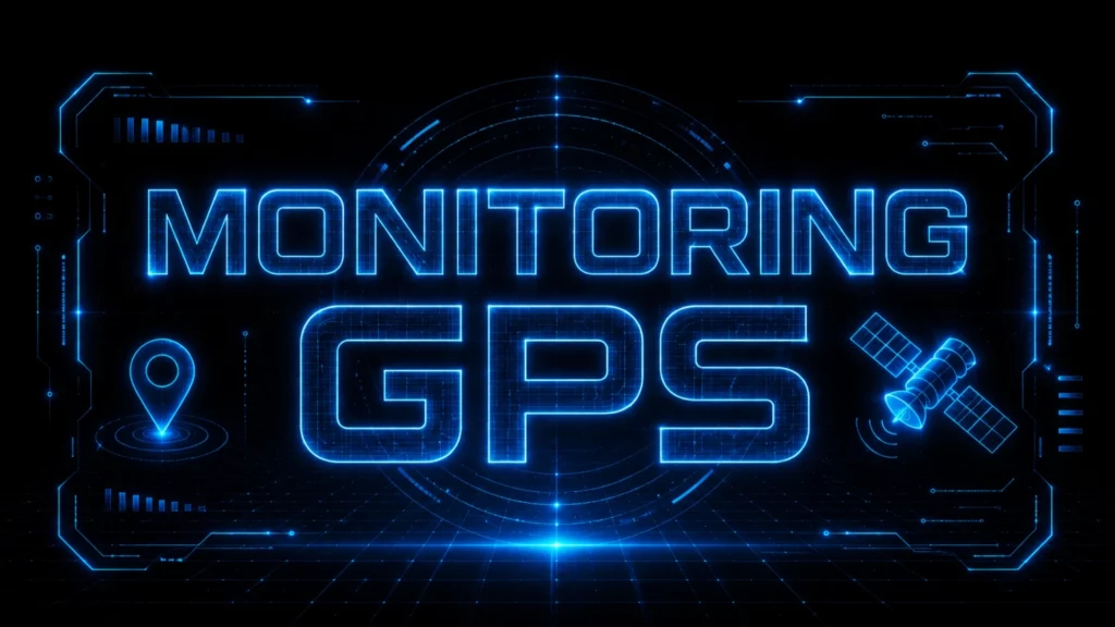 Futurystyczna grafika w stylu sci-fi HUD przedstawiająca neonowy napis „Monitoring GPS” w kolorze electric blue na czarnym tle. Wokół widoczne holograficzne elementy interfejsu: satelita, pinezka lokalizacji, cyfrowa siatka danych i świecące efekty technologiczne inspirowane systemami monitoringu przyszłości.