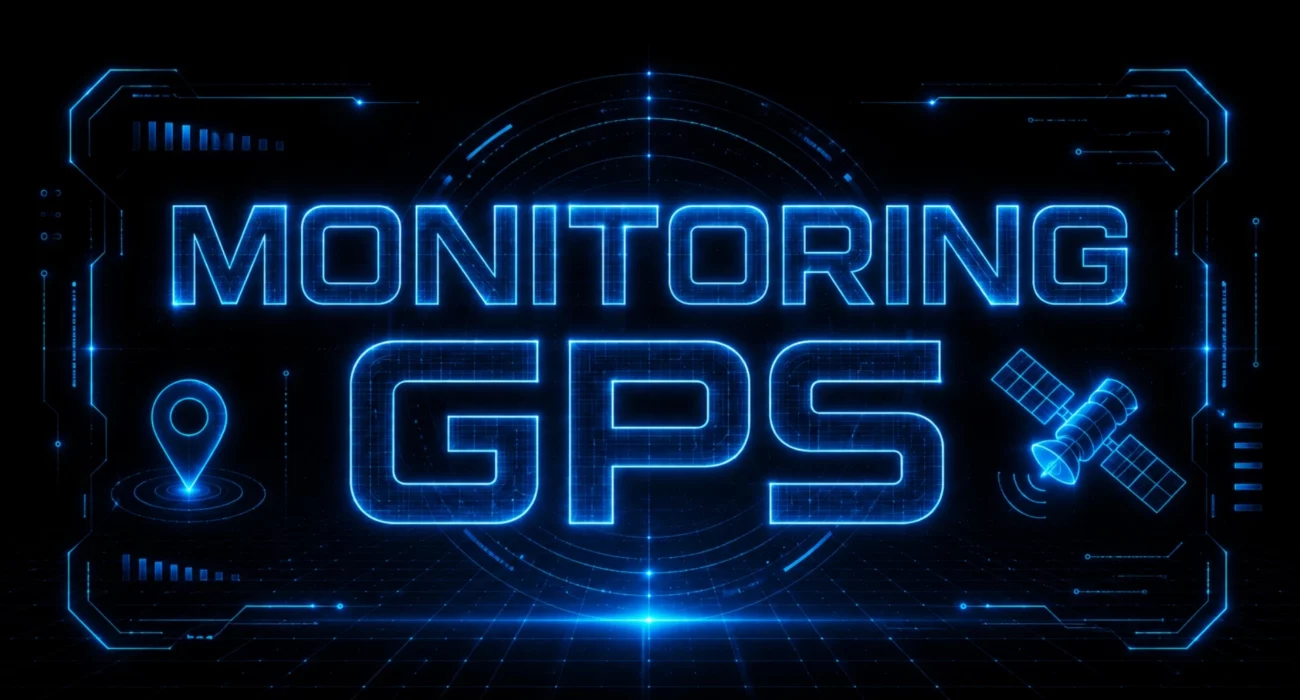 Futurystyczna grafika w stylu sci-fi HUD przedstawiająca neonowy napis „Monitoring GPS” w kolorze electric blue na czarnym tle. Wokół widoczne holograficzne elementy interfejsu: satelita, pinezka lokalizacji, cyfrowa siatka danych i świecące efekty technologiczne inspirowane systemami monitoringu przyszłości.