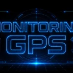 Futurystyczna grafika w stylu sci-fi HUD przedstawiająca neonowy napis „Monitoring GPS” w kolorze electric blue na czarnym tle. Wokół widoczne holograficzne elementy interfejsu: satelita, pinezka lokalizacji, cyfrowa siatka danych i świecące efekty technologiczne inspirowane systemami monitoringu przyszłości.