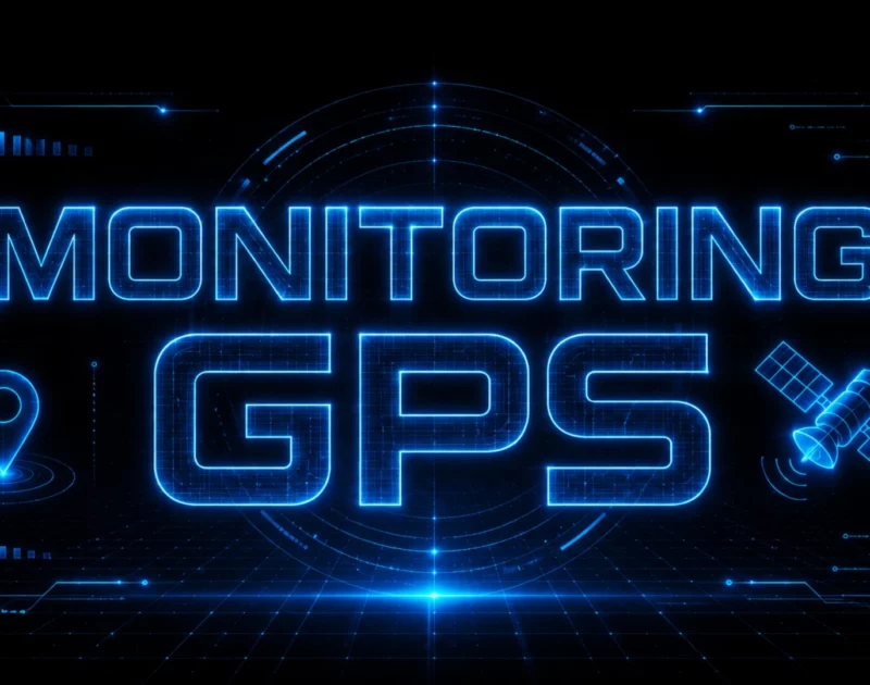 Futurystyczna grafika w stylu sci-fi HUD przedstawiająca neonowy napis „Monitoring GPS” w kolorze electric blue na czarnym tle. Wokół widoczne holograficzne elementy interfejsu: satelita, pinezka lokalizacji, cyfrowa siatka danych i świecące efekty technologiczne inspirowane systemami monitoringu przyszłości.