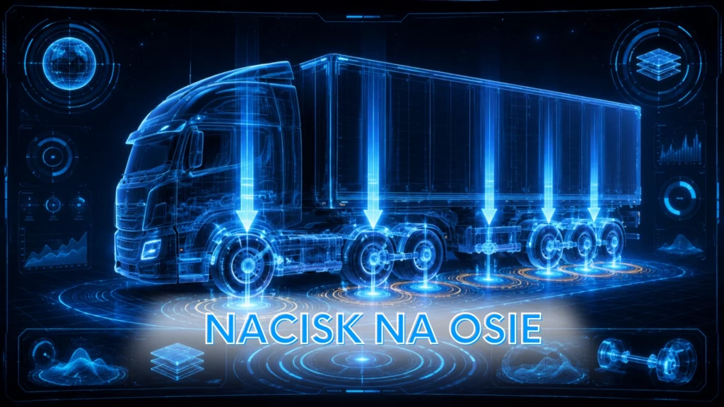 Futurystyczna grafika przedstawiająca ciężarówkę z naczepą w formie niebieskiego hologramu, z zaznaczonymi strzałkami nacisku na poszczególne osie oraz napisem „Nacisk na osie”.
