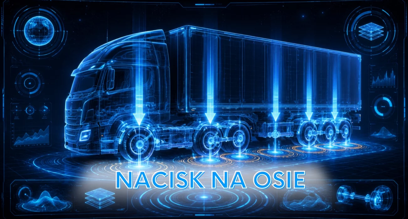 Futurystyczna grafika przedstawiająca ciężarówkę z naczepą w formie niebieskiego hologramu, z zaznaczonymi strzałkami nacisku na poszczególne osie oraz napisem „Nacisk na osie”.