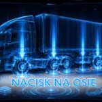 Futurystyczna grafika przedstawiająca ciężarówkę z naczepą w formie niebieskiego hologramu, z zaznaczonymi strzałkami nacisku na poszczególne osie oraz napisem „Nacisk na osie”.