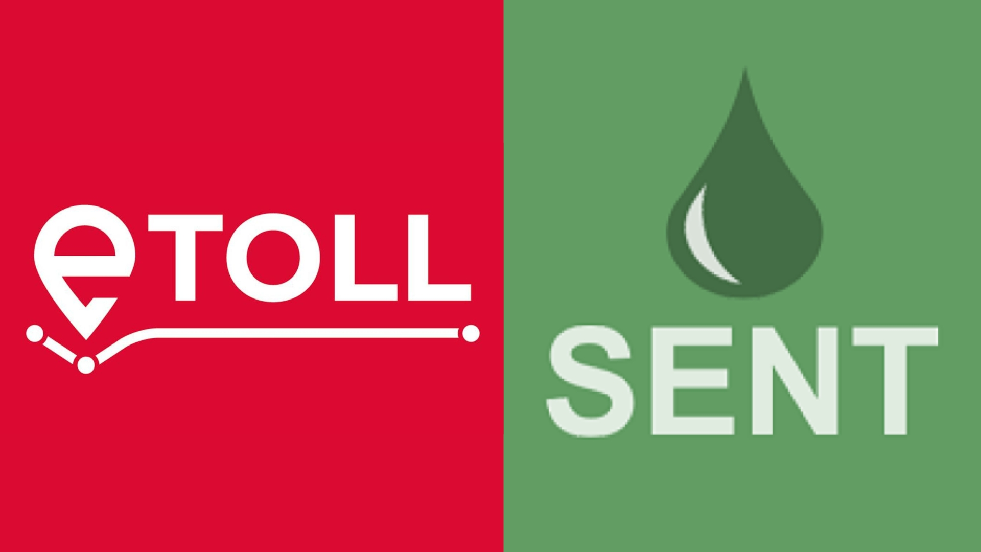 Grafika zestawiająca logo e-TOLL na czerwonym tle oraz logo SENT z symbolem kropli na zielonym tle.