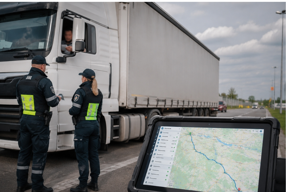 Funkcjonariusze prowadzą kontrolę drogową białej ciężarówki, a na pierwszym planie widoczny jest tablet z mapą trasy przejazdu.