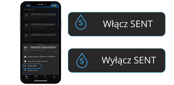 Ekran aplikacji mobilnej z opcjami włączenia i wyłączenia SENT oraz przyciskami oznaczonymi ikoną SENT.