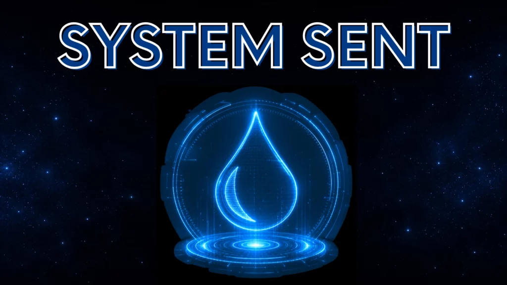 Grafika SYSTEM SENT z futurystycznym niebieskim symbolem kropli w centrum na tle gwiaździstego kosmosu, przedstawiająca automatyczne powiadomienia i monitoring poziomu cieczy w czasie rzeczywistym.