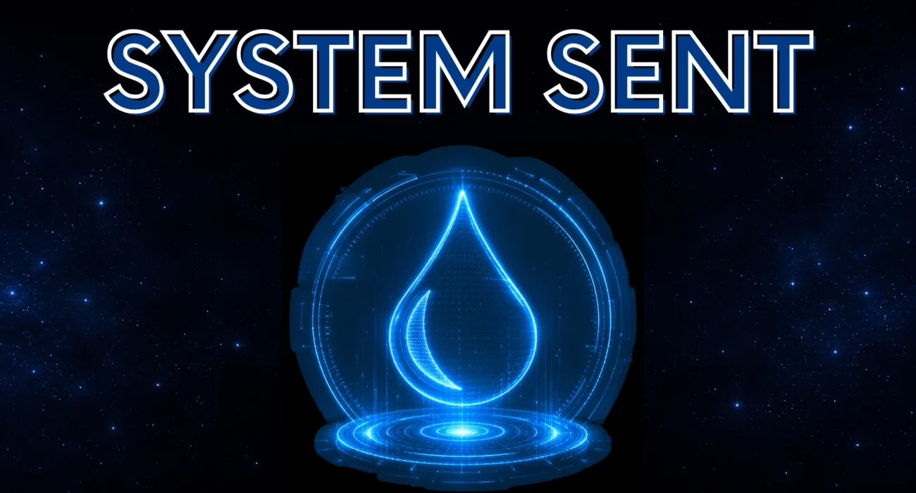 Grafika SYSTEM SENT z futurystycznym niebieskim symbolem kropli w centrum na tle gwiaździstego kosmosu, przedstawiająca automatyczne powiadomienia i monitoring poziomu cieczy w czasie rzeczywistym.