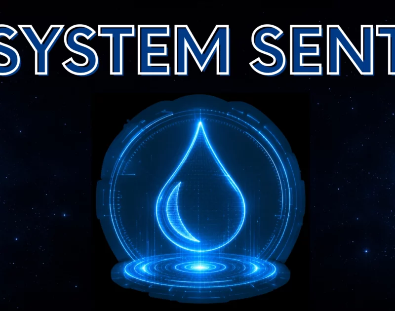 Grafika SYSTEM SENT z futurystycznym niebieskim symbolem kropli w centrum na tle gwiaździstego kosmosu, przedstawiająca automatyczne powiadomienia i monitoring poziomu cieczy w czasie rzeczywistym.