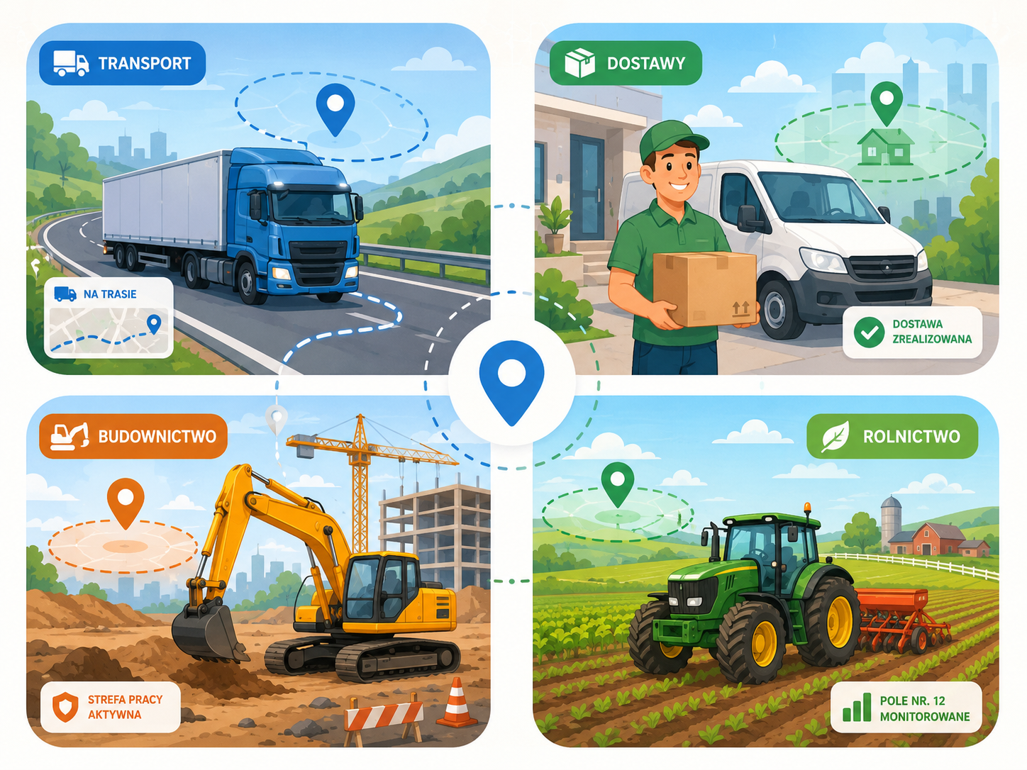 Ilustracja podzielona na cztery sekcje pokazujące monitoring GPS w transporcie, dostawach, budownictwie i rolnictwie.