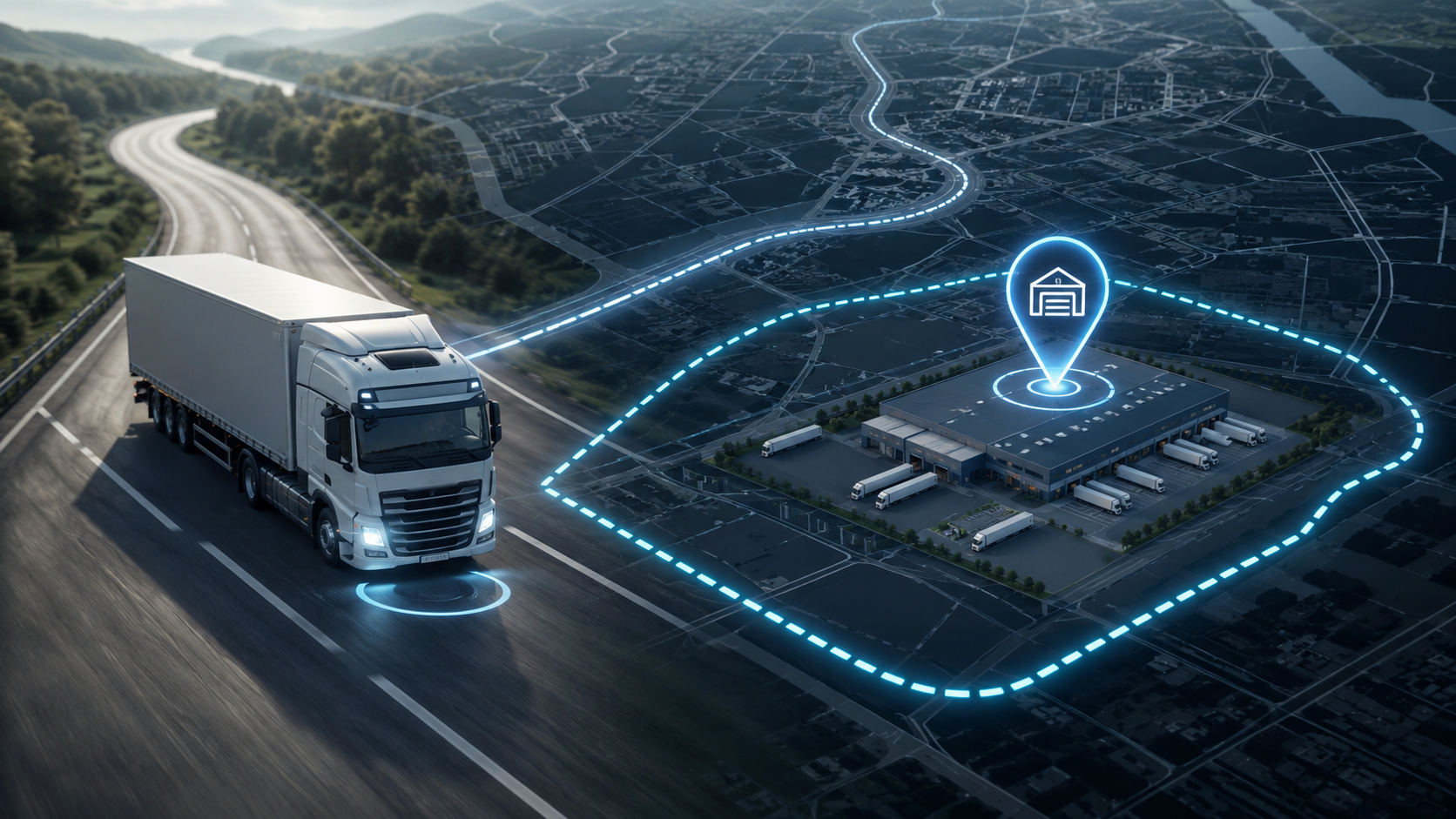 Ciężarówka jadąca drogą z cyfrową mapą w tle, wyznaczoną trasą oraz podświetloną lokalizacją centrum logistycznego.