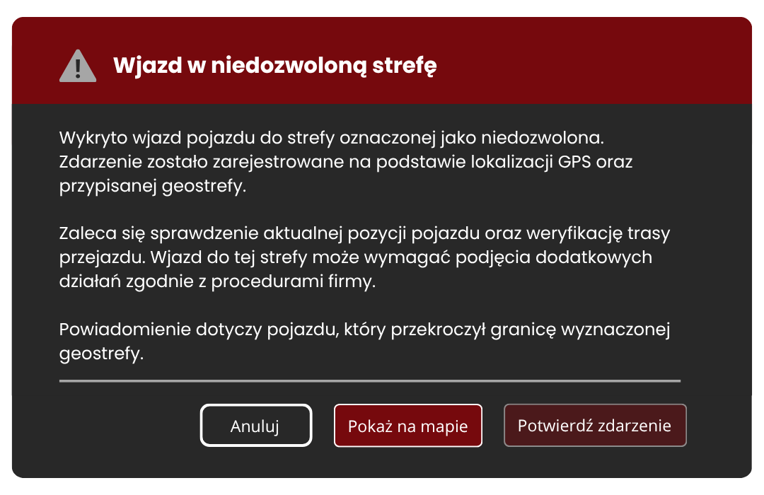 Komunikat ostrzegawczy informujący o wjeździe pojazdu do niedozwolonej strefy, z opcjami anulowania, pokazania na mapie i potwierdzenia zdarzenia.