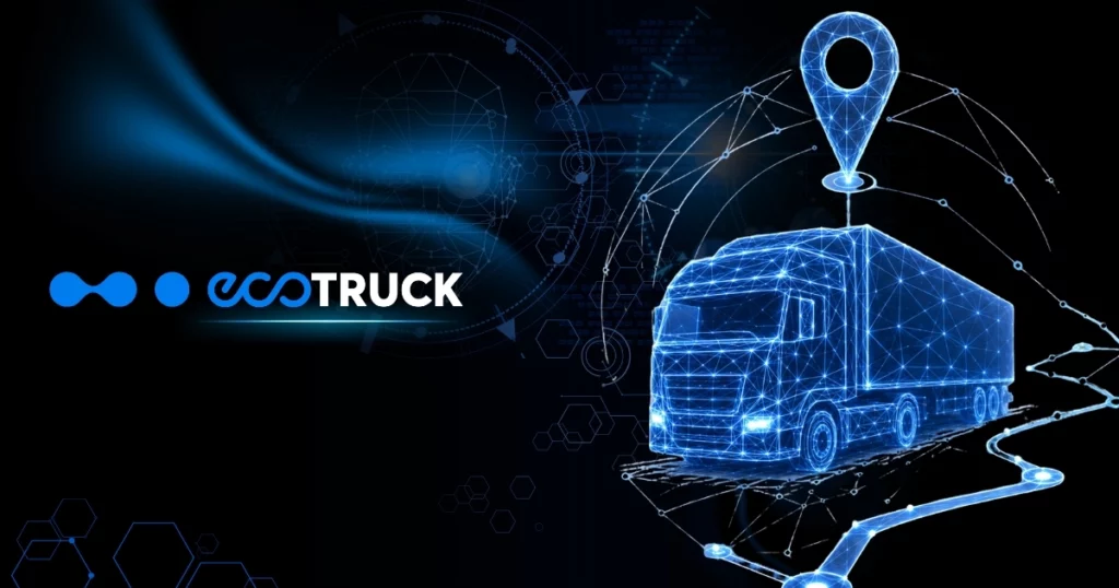 Grafika przedstawia futurystyczny, niebieski model ciężarówki w stylu cyfrowej siatki 3D z ikoną lokalizacji GPS oraz trasą przejazdu. Po lewej stronie widoczne jest logo ecoTRUCK, a w tle znajdują się elementy technologiczne symbolizujące zdalną diagnostykę, monitoring pojazdów i zarządzanie flotą.